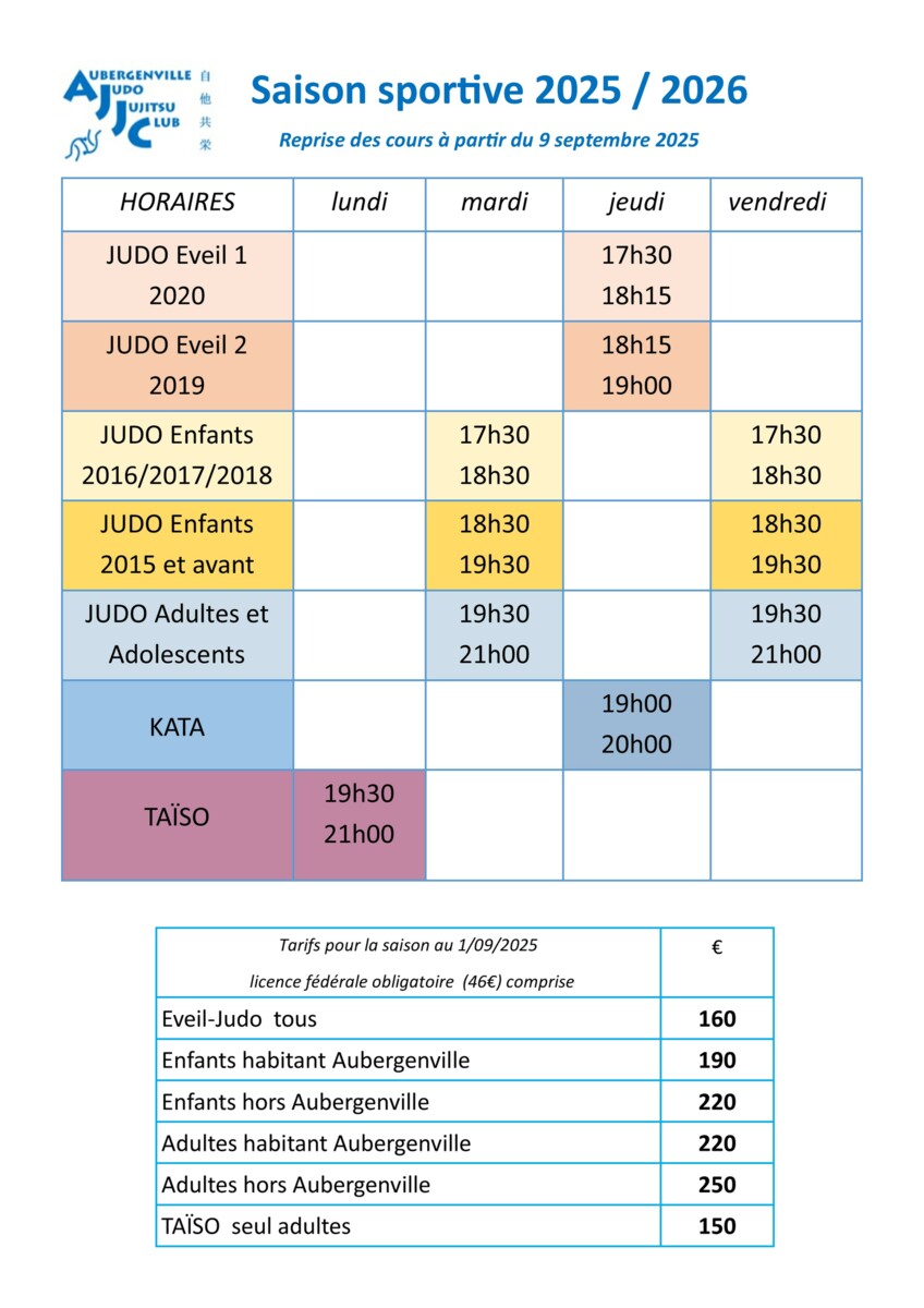 Âges et horaires 2025/2026