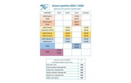 Âges et horaires 2025/2026